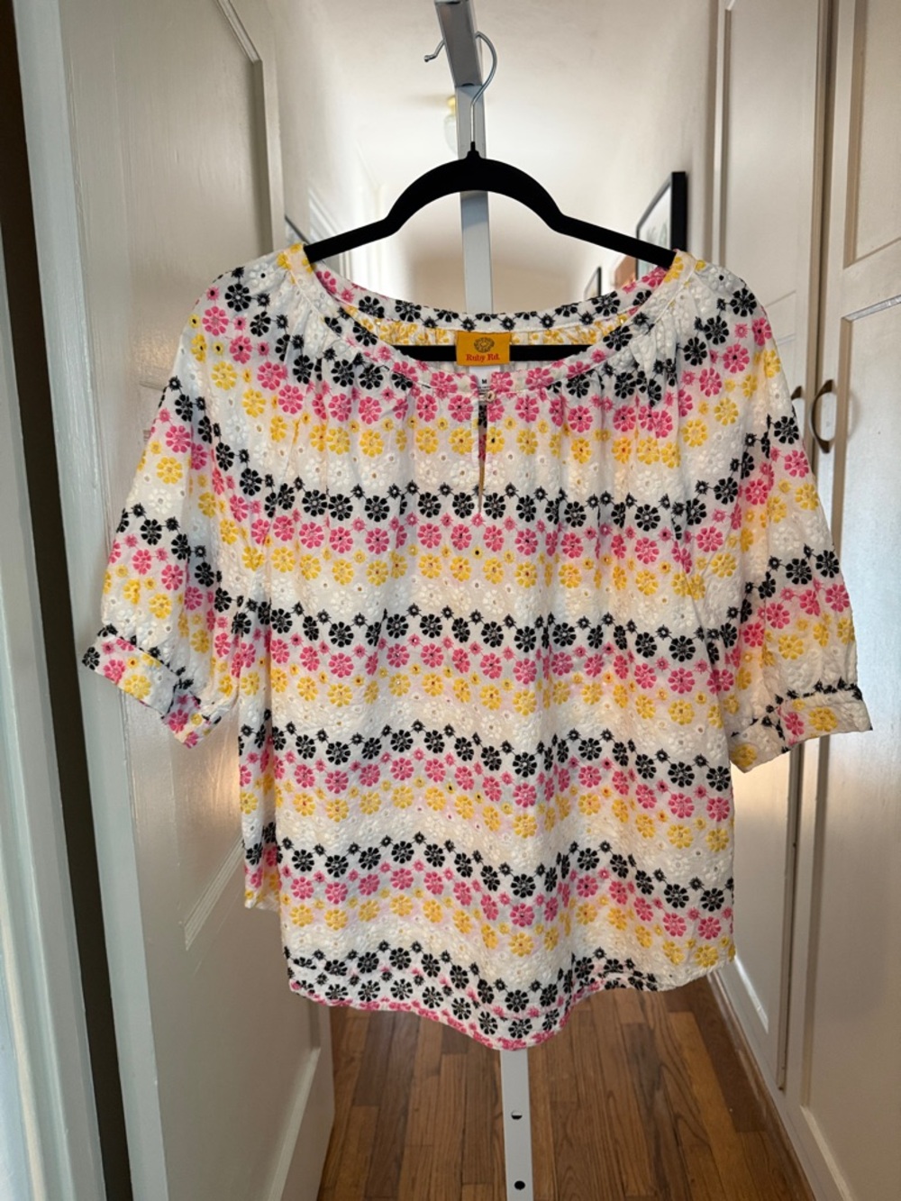 Ruby Rd. White Eyelet Top with Pink Yellow & Black Floral Eyelets